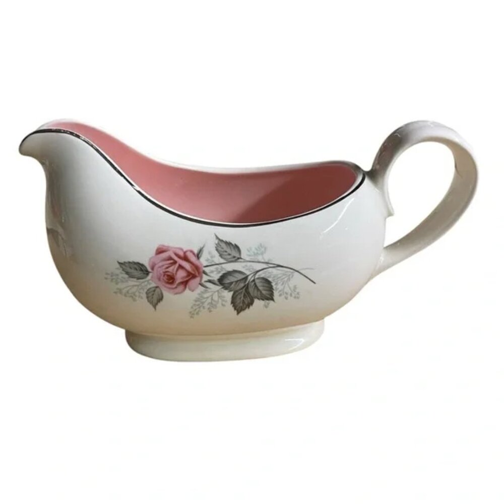 Vtg 50’s Taylor Smith & Taylor “Pink Rose” on White gravy boat ceramic